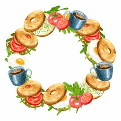 Frame from bagel, sandwich with egg, tomatoes and herbs and a cup of coffee. Hand drawn watercolor illustration on white background. Delicious breakfast. Template for decoration design menu.