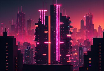 Fototapeta na wymiar Futuristic City Skyline with Pink and Yellow Neon lights. Night scene with Advanced Superstructures. Generative AI