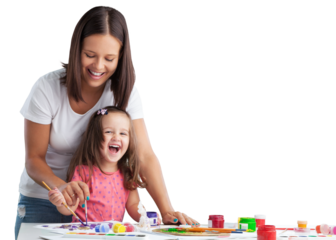 Happy mother and daughter painting