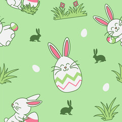 Easter Day Bunny Decorated Egg Seamless Pattern Flat Hand Drawn Illustration