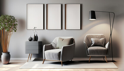 Living room minimalist interior with gray chair figura, mock up minimalist 5