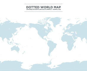 アメリカ大陸を中心とした、南極を含んだドットの世界地図。中サイズ