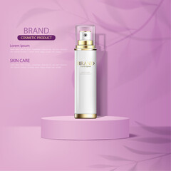 abstract pink 3D room with white color cosmetic spray bottle design template.with leaves shadows,use for cosmetic advertising.