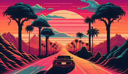 The digital artwork is a colorful illustration summer 80s 90s, sunset, road, palm tree, Generative AI Technology - obrazy, fototapety, plakaty
