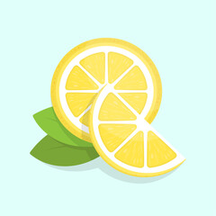 Lemon flat illustration. Stylized vector drawing in yellow, green and blue colors. Best for web, print, advertising, logo creating and branding design.