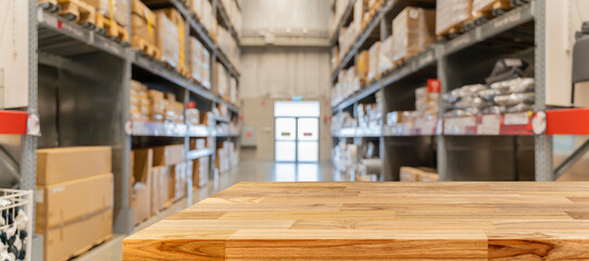 Wooden board empty table in front of blurred background. Perspective inside of warehouse with aisle pallet on high shelf can be used for display