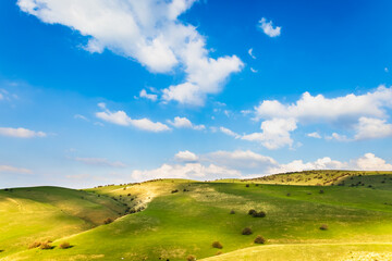 Fototapeta na wymiar Swiss landscape theme background with green fields and beautiful sky