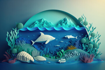 World environment day with sea marine on blue background, World ocean day. Generative AI