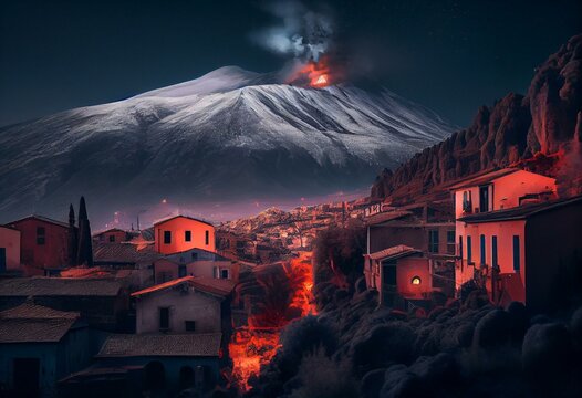 Italian town of Francavilla di Sicilia in the Alcantara Valley on February 2, 2021, during the eruption of Mount Etna. Explosion. Generative AI
