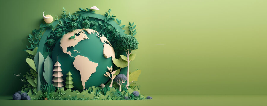 World environment day on green background in paper cut style, Earth day. Generative AI