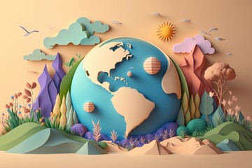 Naklejka premium World environment day on pastel color background in paper cut style, Earth day. Generative AI