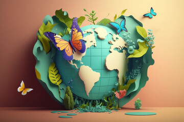 World environment day on pastel color background in paper cut style, Earth day. Generative AI
