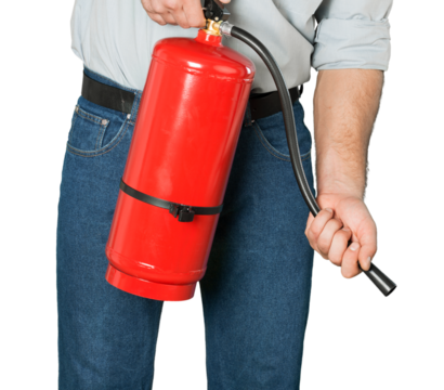 Man presses the trigger fire extinguisher isolated on white background
