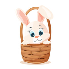 Easter card, cute rabbit in a wicker basket on a transparent background.