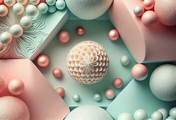 Christmas decorating holiday pastel circular background with bauble balls and present box. Generative AI