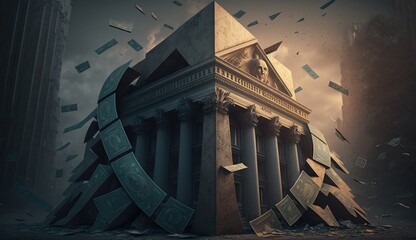 The building, bank, begins to break or fall apart representing the global economic collapse or meltdown, and world economy and financial crisis. AI-generated