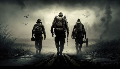 Obraz na płótnie Canvas Brave three soldiers walking into a battle field. World War 3 concept. Generative AI