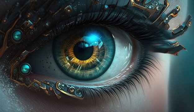 Beautiful Cyborg or Artificial Intelligence's Eyes: A Close-up View of Strikingly Colorful Digital Art. Generative AI