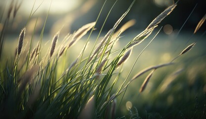 Natural morning sunlight illuminates stunning background of wild grasses in selective focus. Generative AI
