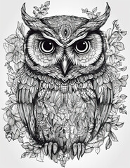 Owl coloring book page.. Black and white illustration. Graphical resource. Generative AI