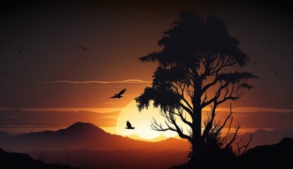 Stunning golden sunrise behind majestic tree silhouette with mountain backdrop. Generative AI