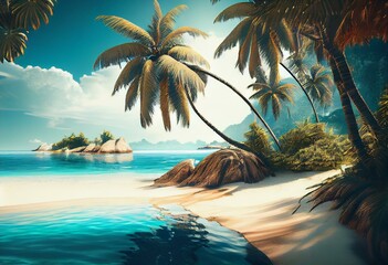 Tropical paradise beach, beautiful magical palm trees hanging on the seashore. Blue sky and azure sea water. Sun illuminates the coast beach and the ocean. 3d illustration. Generative AI