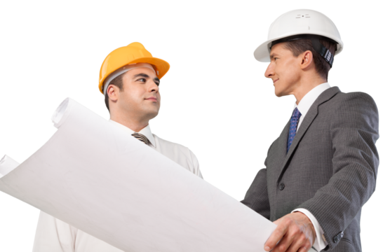 Two engineers men at construction site watching blueprint isolated
