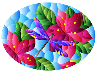 Illustration in stained glass style with a dragonfly and bright flowers on a blue background, oval image