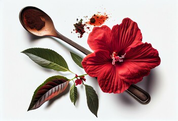 Red tea hibiscus in spoon isolated on white in studio. Generative AI