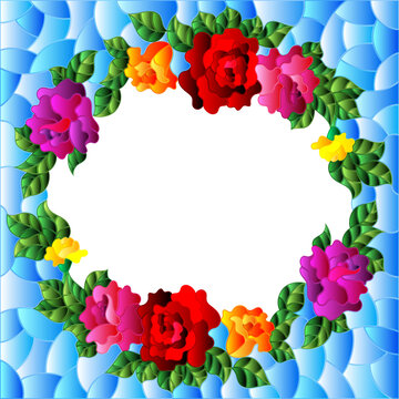 Illustration in the style of a stained glass window with a floral wreath of roses and butterflies , on a blue background