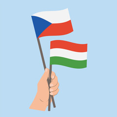 Flags of Czech Republic and Hungary, Hand Holding flags