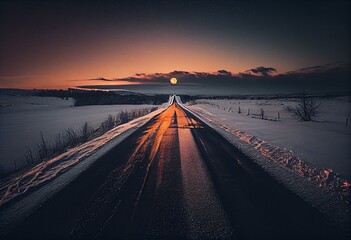 Fototapeta na wymiar long, straight road during the winter after dusk. Generative AI