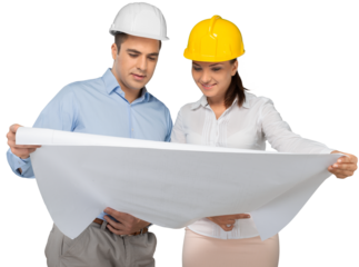 Two engineers male and female with blueprint isolated on white