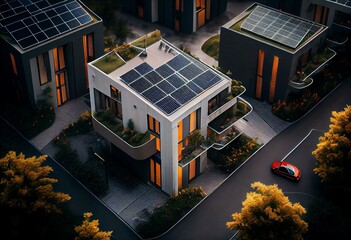 Modern residential buildings with solar panels. Low-energy houses and electric car parking. Generative AI