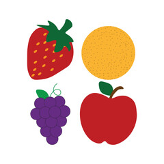Fruits. Fruits set - apple, orange, grapes and strawberries on white background. Vector illustration
