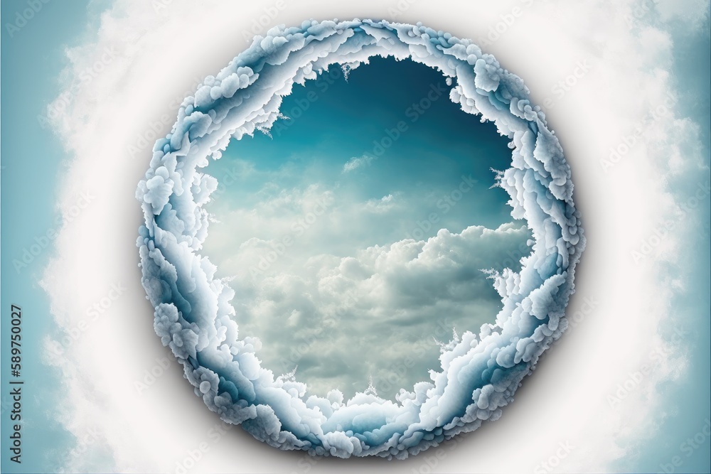 Poster frame made with covered white cloud in the sky in circle shape. concept of luxurious fantasy window.