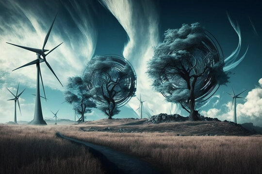 A picture of a field with wind turbines Generative AI 