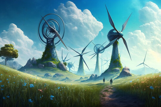 A picture of a field with wind turbines Generative AI 