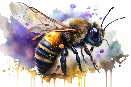 Honey bee watercolor painting hand-drawn style. distinct generative AI image.