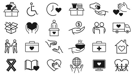 set of Charity and Donation icons illustration. vector. Contains such Icons as Help, Box of Clothes, gift, care, love symbol. editable file. Eps