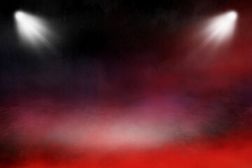 foggy empty dark room, red smoke and fog over concrete floor, defocused and abstract background