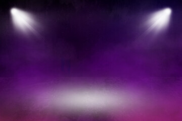 foggy empty dark room, purple smoke and fog over concrete floor, defocused and abstract background