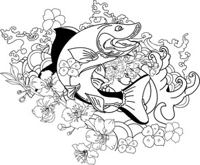Salmon with sakura flower tattoo and water splash background.Traditional Japanese culture for doodle art,coloring book and printing on poster for restaurant.