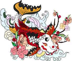 Beautiful line art Koi carp tattoo design ,colorful koi fish and flower.Traditional Japanese culture for doodle art,coloring book and printing on poster.Cherry blossom vector with koi fish background.