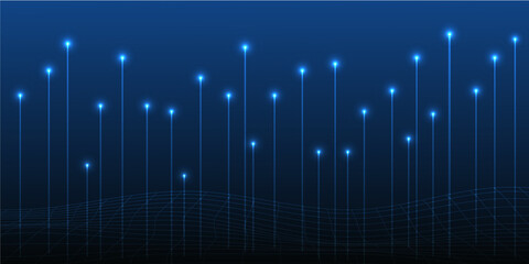 Dark blue background with light blue lines and glowing dots with curved mesh lines below.