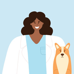 Happy veterinarian with a happy dog. Animal care vector illustration. Flat style. African girl vet doctor. World Veterinary Day.