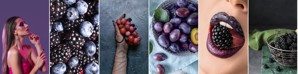 Collage of beautiful woman with stylish makeup, fresh plums and berries