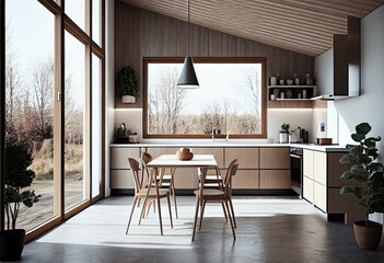 Large windows, a concrete floor, wooden counters, and a white table and chairs can all be found in a wooden kitchen. a lateral view a mockup. Generative AI