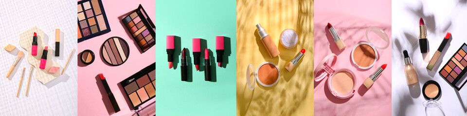 Collage of makeup cosmetics on color background