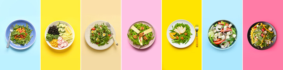 Collage of healthy salads on color background, top view